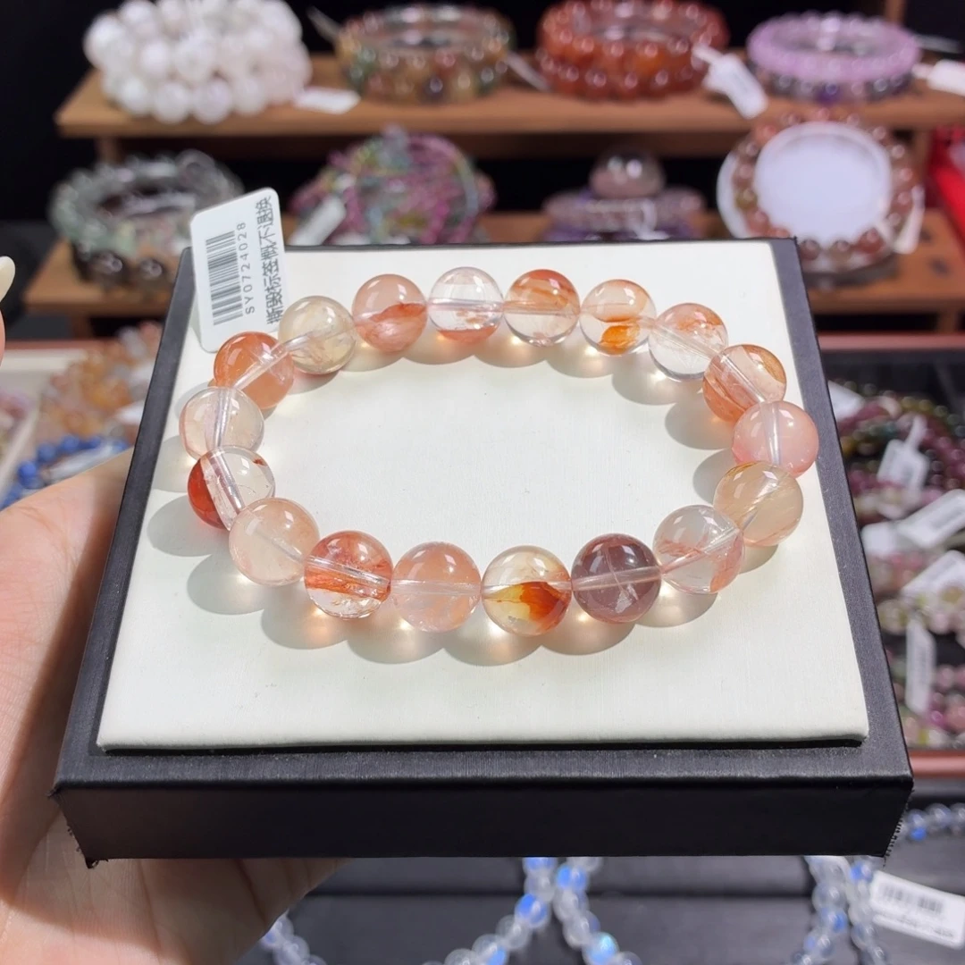 水晶未镶嵌手串透体橘红胶花11+