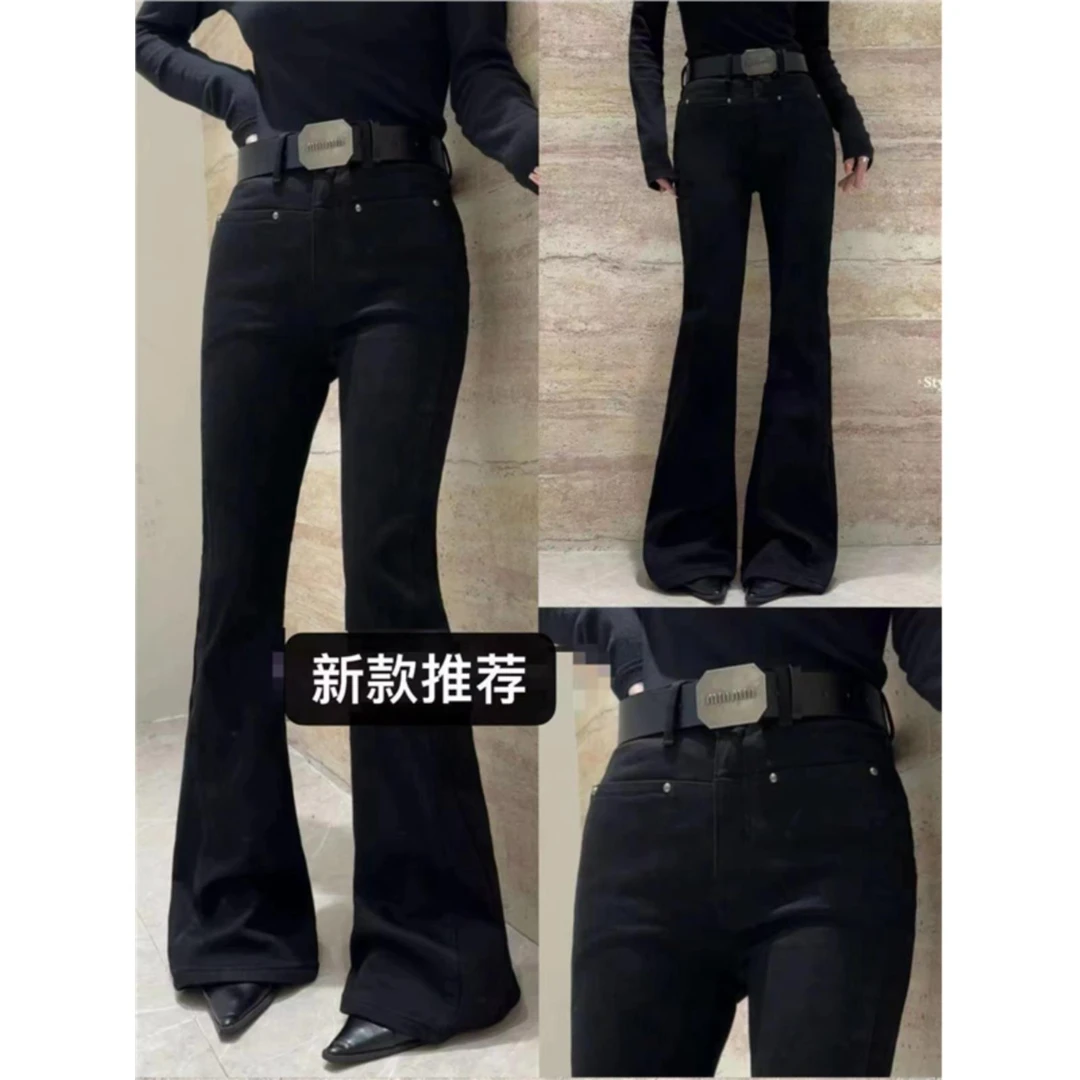 芭莎BASHA香港花牌加绒喇叭裤女2024冬黑色微喇裤修身显瘦显腿长