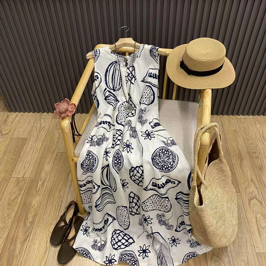 复古印花无袖亚麻连衣裙套头宽松百搭慵懒风度假背心裙女Q261009