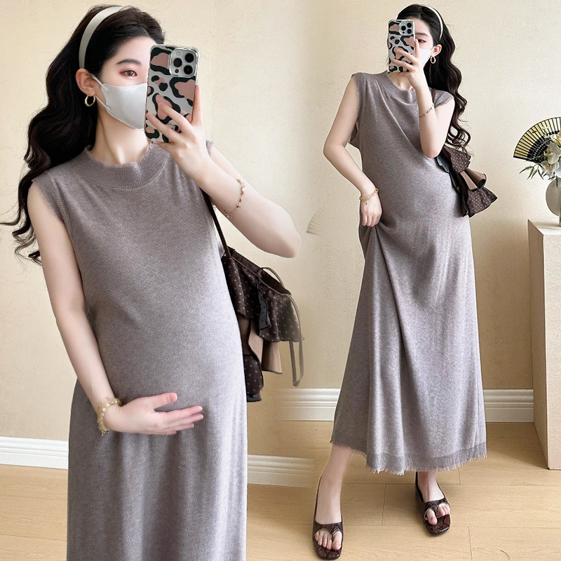 孕妇装夏季紫色毛边流苏无袖设计感连衣裙