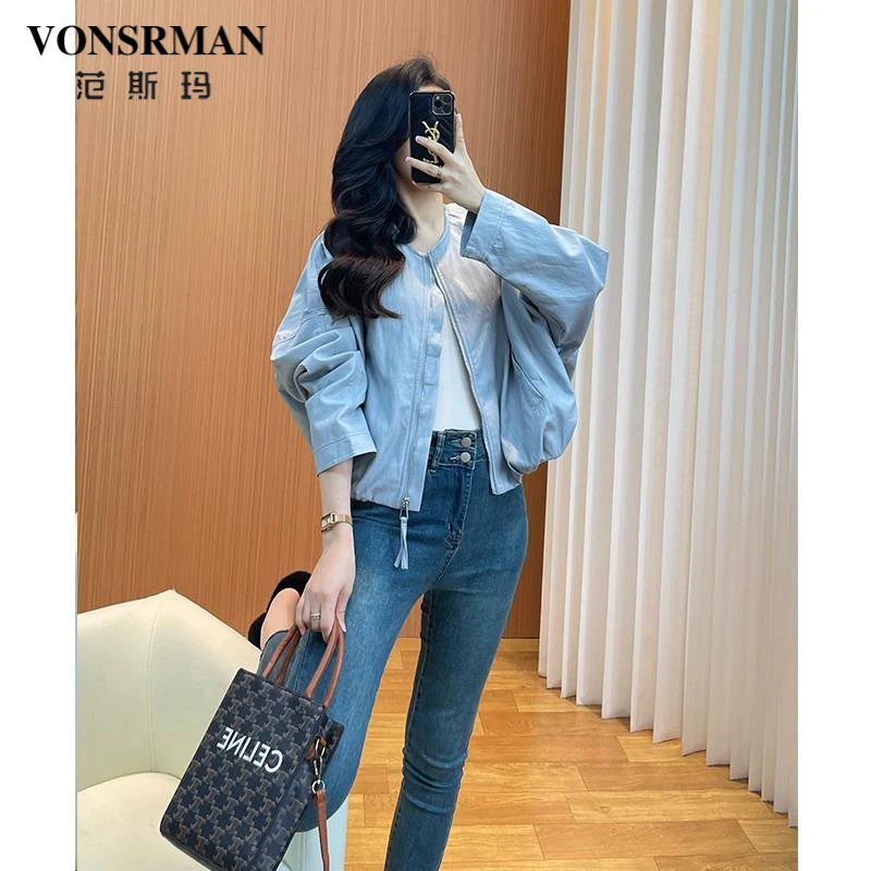 复古短款蓝色皮衣外套女2025春秋新款宽松收腰圆领韩系休闲皮夹克