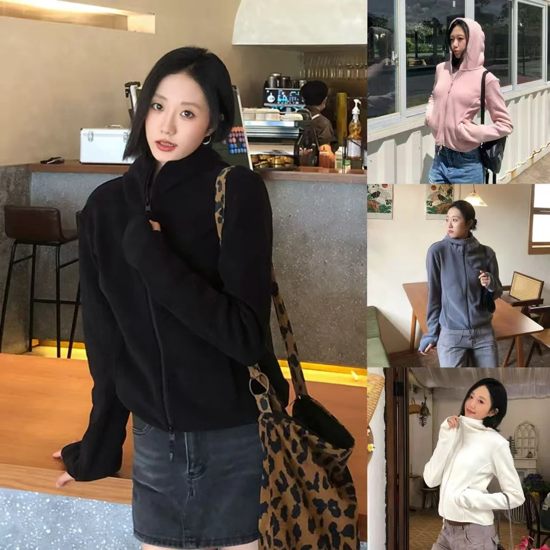 秋冬小个子短款基础款纯色摇粒绒正肩修身拉链开衫连帽卫衣外套女