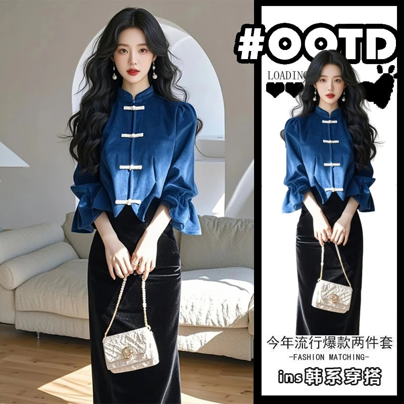 2025春季新款女装新中式国风蓝色灯芯绒套装女大方得体穿搭两件套