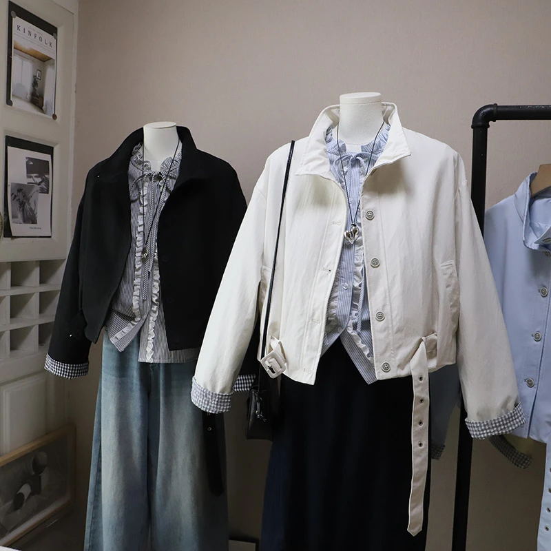 [比正]2026早春新款韩版时尚格子撞色宽松休闲短款夹克外套女5903