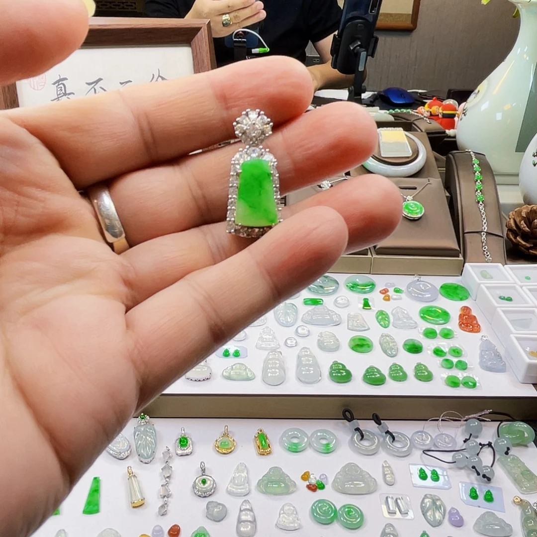 吊坠(不含链)银S925镶嵌翡翠FT004阳绿无事牌