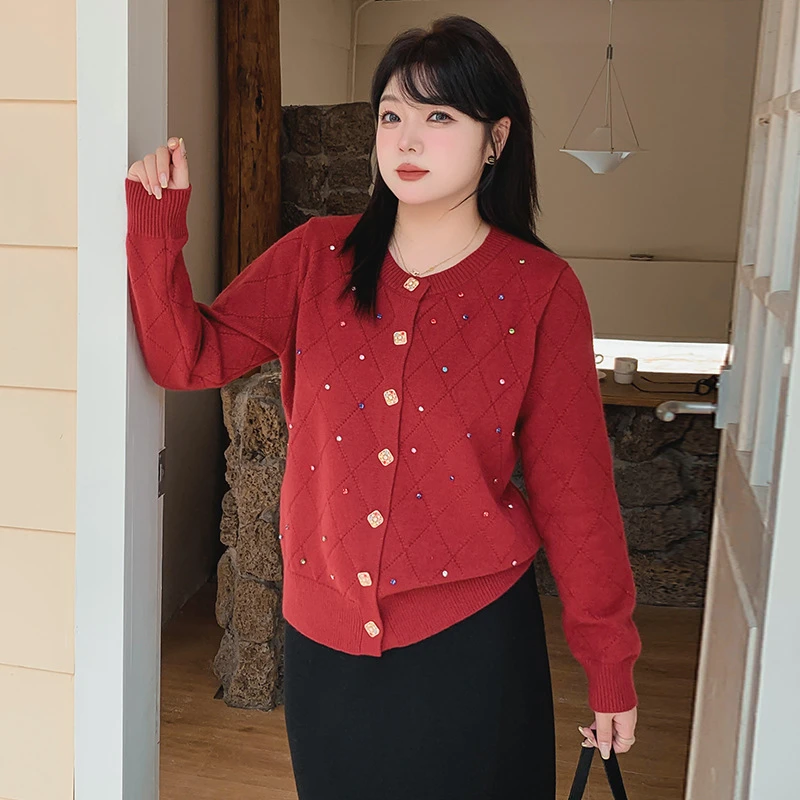 彩色烫钻菱形格针织开衫大码女装200斤胖mm设计感气质v领毛衣外套