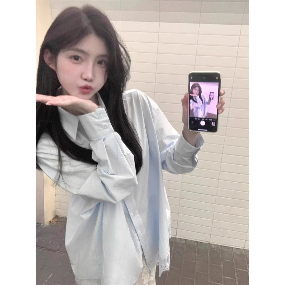 现货法式夏季蓝色polo衬衫蕾丝鱼尾两件套