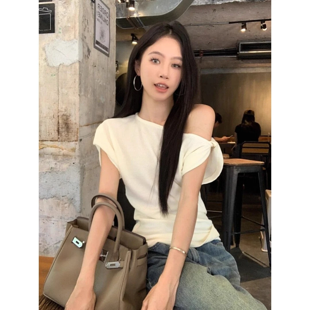 【BXBR】斜肩短袖T恤女装夏季小众设计感显瘦气质不规则辣妹露肩上