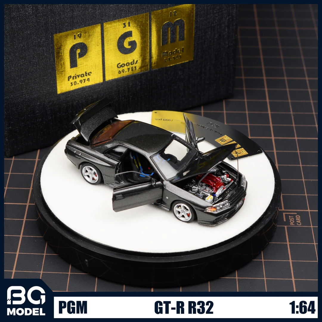 PGM 1:64日产GT-R R32金属灰合金全开汽车模型摆件