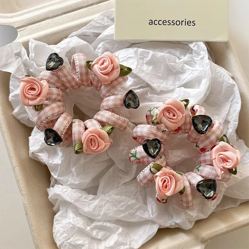 春夏新款小清新粉色甜美花朵电话线发圈简约无痕扎发丸子头绳发绳