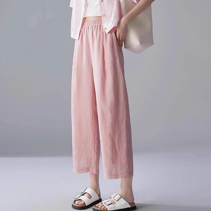 杜拉妮2025时尚夏季气质宽松阔腿高腰通勤苎麻九分休闲裤女款百搭