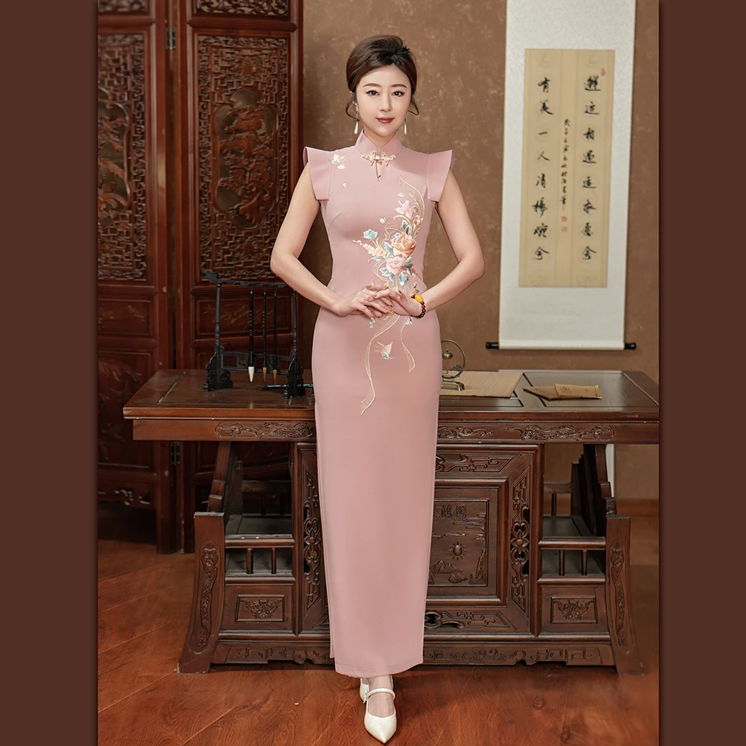 【姚君老师粉丝福利】烟粉芙蕖走秀旗袍走秀中长款连衣裙
