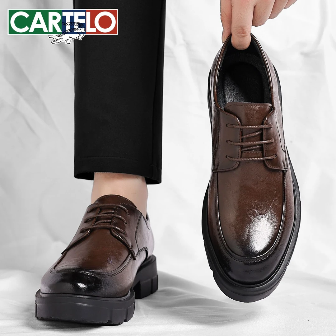 卡帝乐鳄鱼男鞋秋季新款厚底内增高8cm皮鞋男商务正装全黑公务鞋