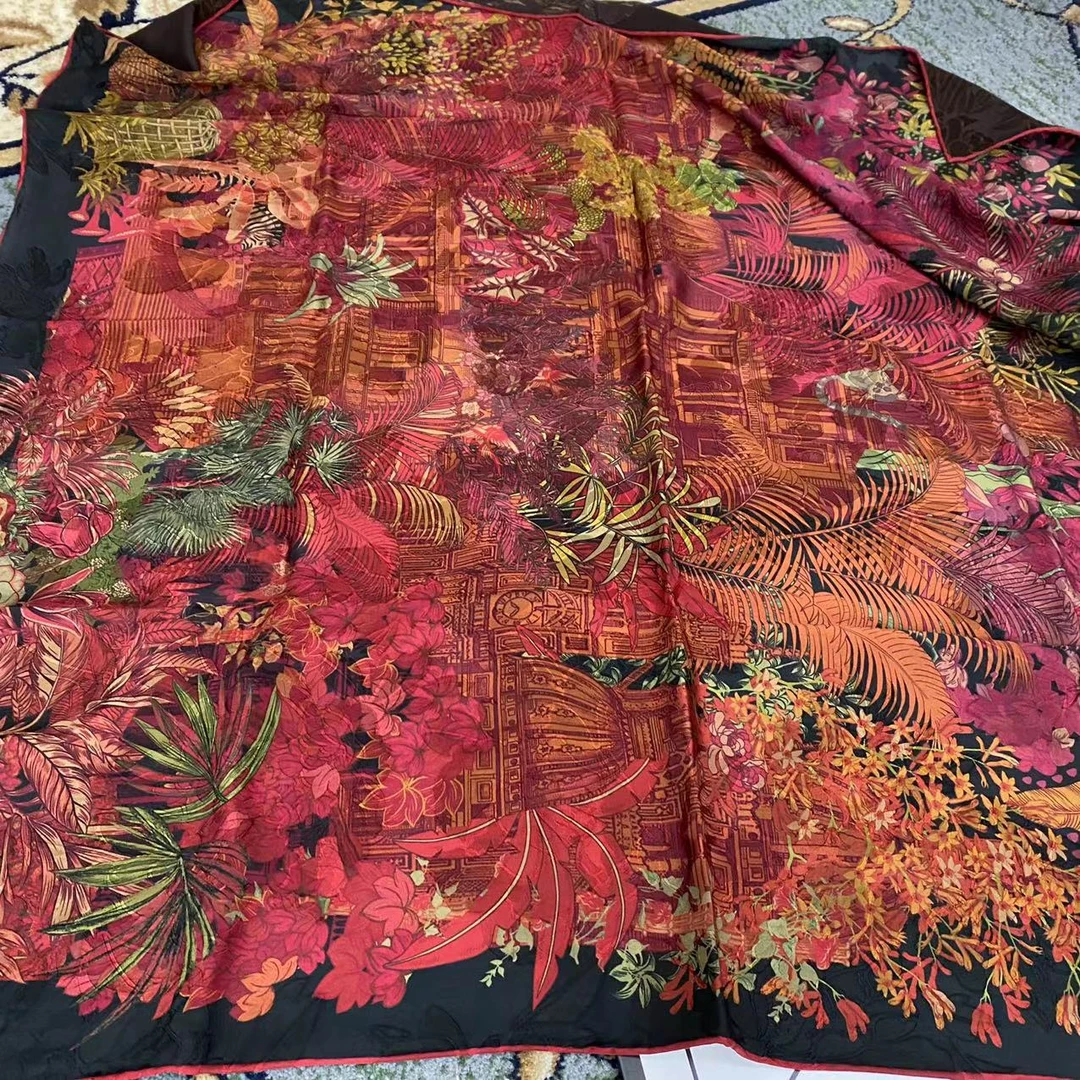 110香云纱湖丝大晶花萝方巾-丛林古堡-106cm桑蚕丝丝巾