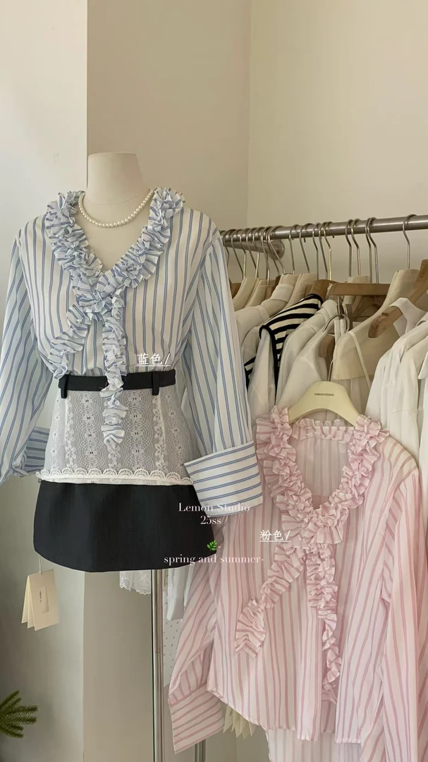 LEMON（9LM9232#) 韩女必备！木耳花边条纹衬衫 9-219