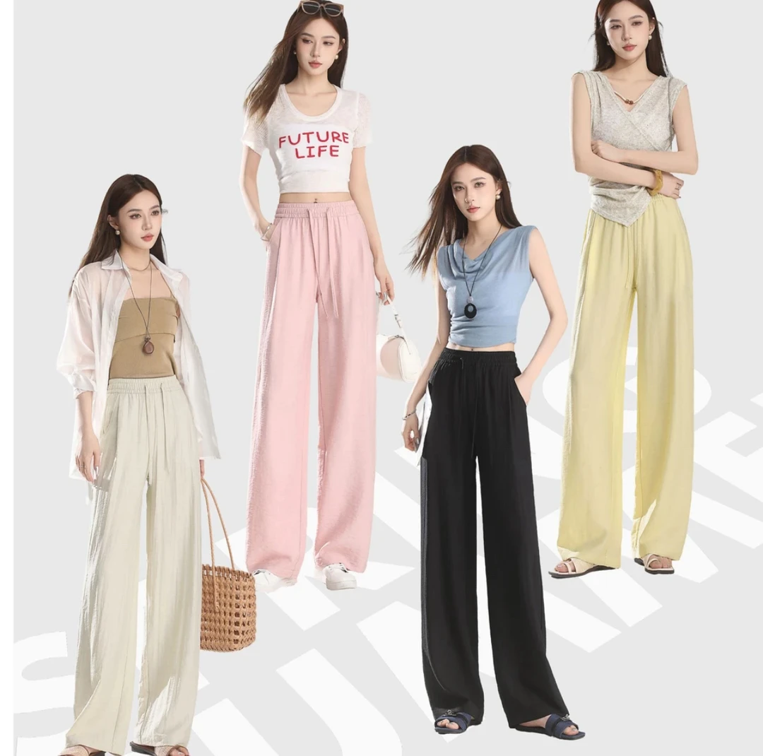 新‘天然亚麻裤’夏季薄款休闲高腰阔腿裤垂感凉感休闲裤