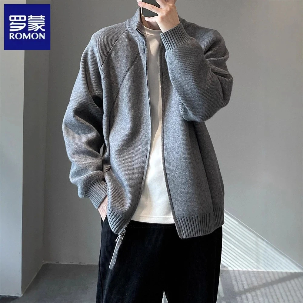 罗蒙秋冬双拉链针织外套男长袖休闲宽松简约立领针织开衫毛衣秋冬