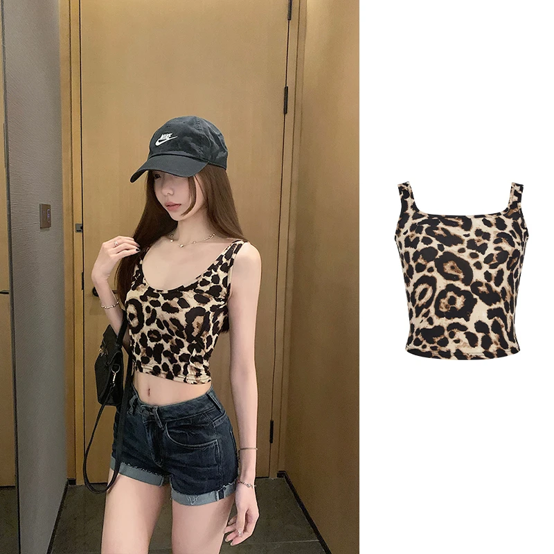 Moses Queen/魔西女王设计感豹纹打底吊带遮副乳显瘦短款无袖背心