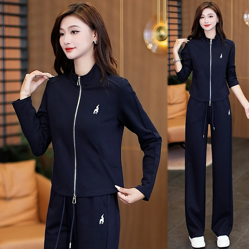 时尚休闲套装女2025秋季新款跑步立领卫衣阔腿裤显瘦运动两件套潮