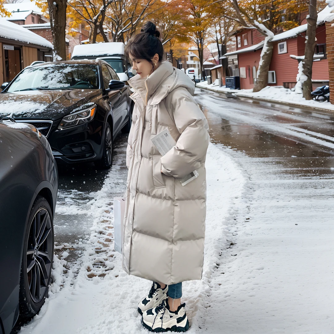 米白色爆款韩系长款连帽棉服女2025冬季新款防寒保暖面包服厚外套