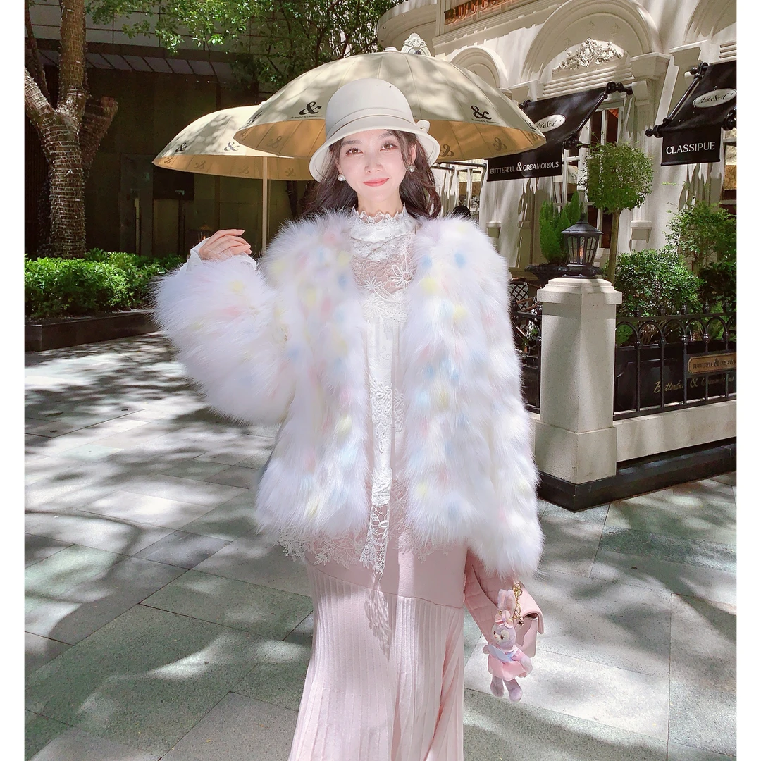 MissLuxury【彩虹点缀】进口狐狸毛皮草外套女冬保暖显瘦彩虹高级