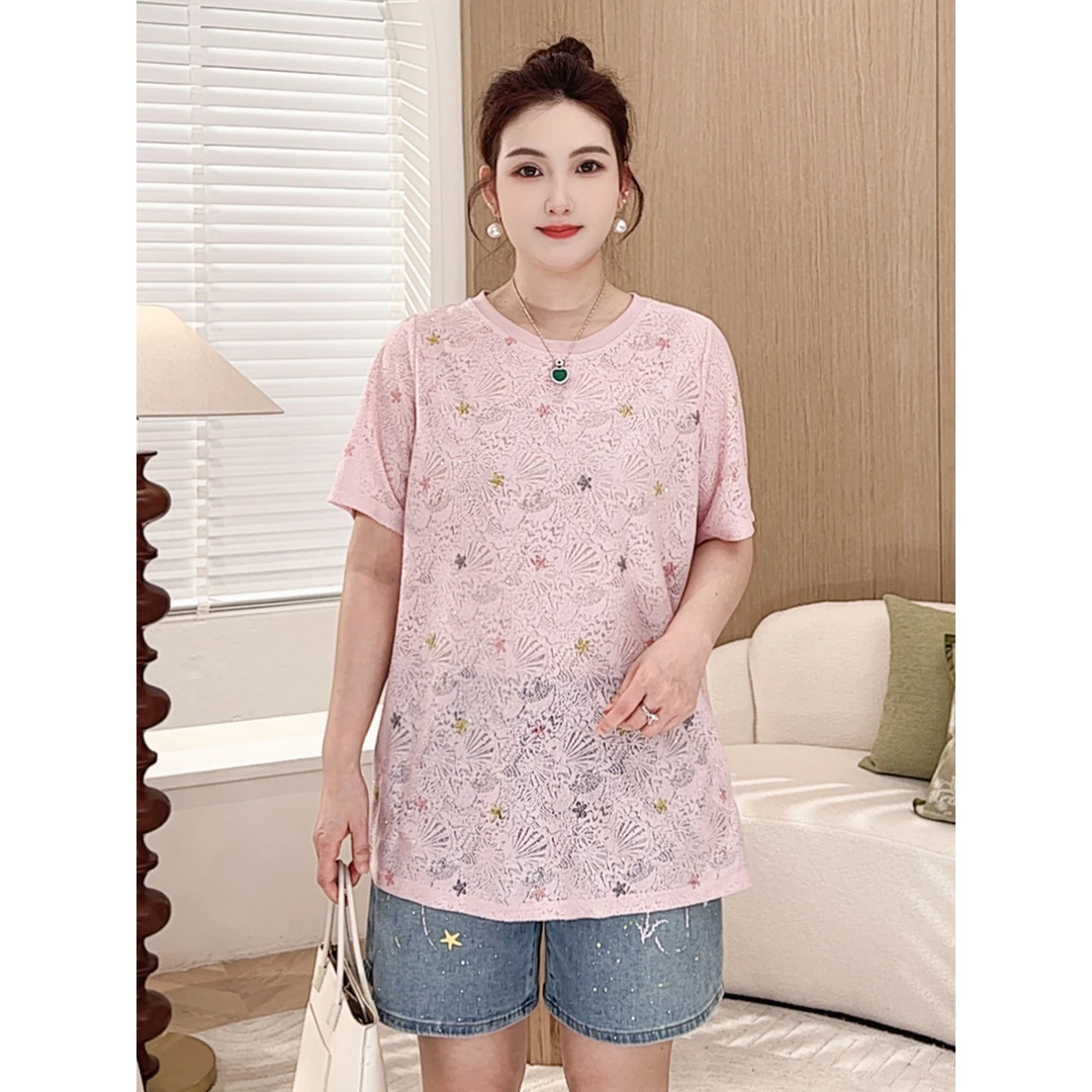 【灿夏织光】MsShe大码女装2025夏烫钻提花针织短袖T恤S~E2507004