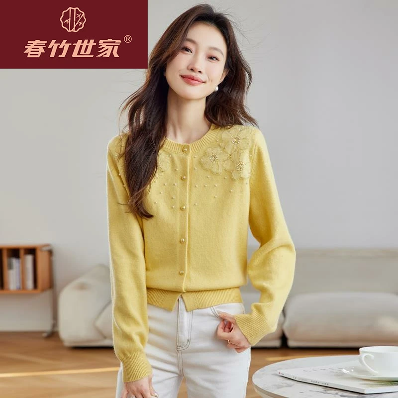 春竹世家品牌春秋女装时尚立体花朵针织开衫毛衣外套高级漂亮上