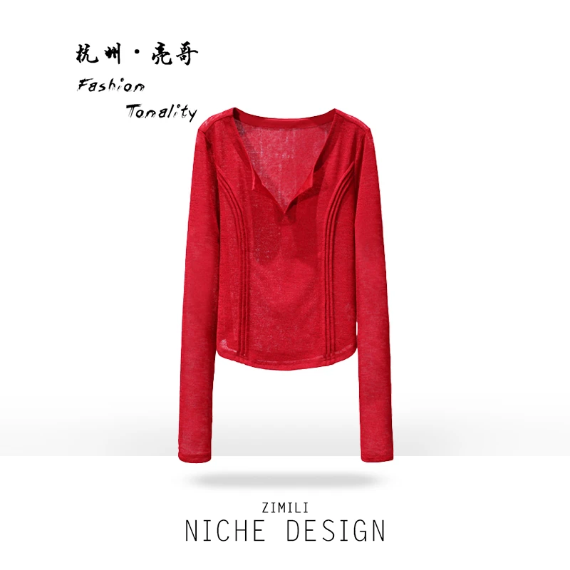 【亮哥女装】2025欧版新品安可拉红褶线长袖V领高弹打底上衣9093-A0