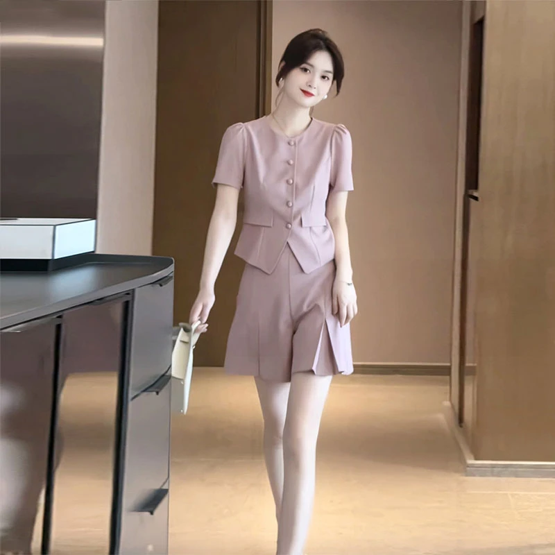 夏季韩版小香风短袖西装套装薄款小个子圆领西服上衣短裤两件套女