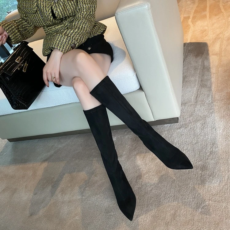 弹力绒面~6cm/8cm不过膝长靴女高筒尖头细高跟瘦腿长筒靴气质短靴