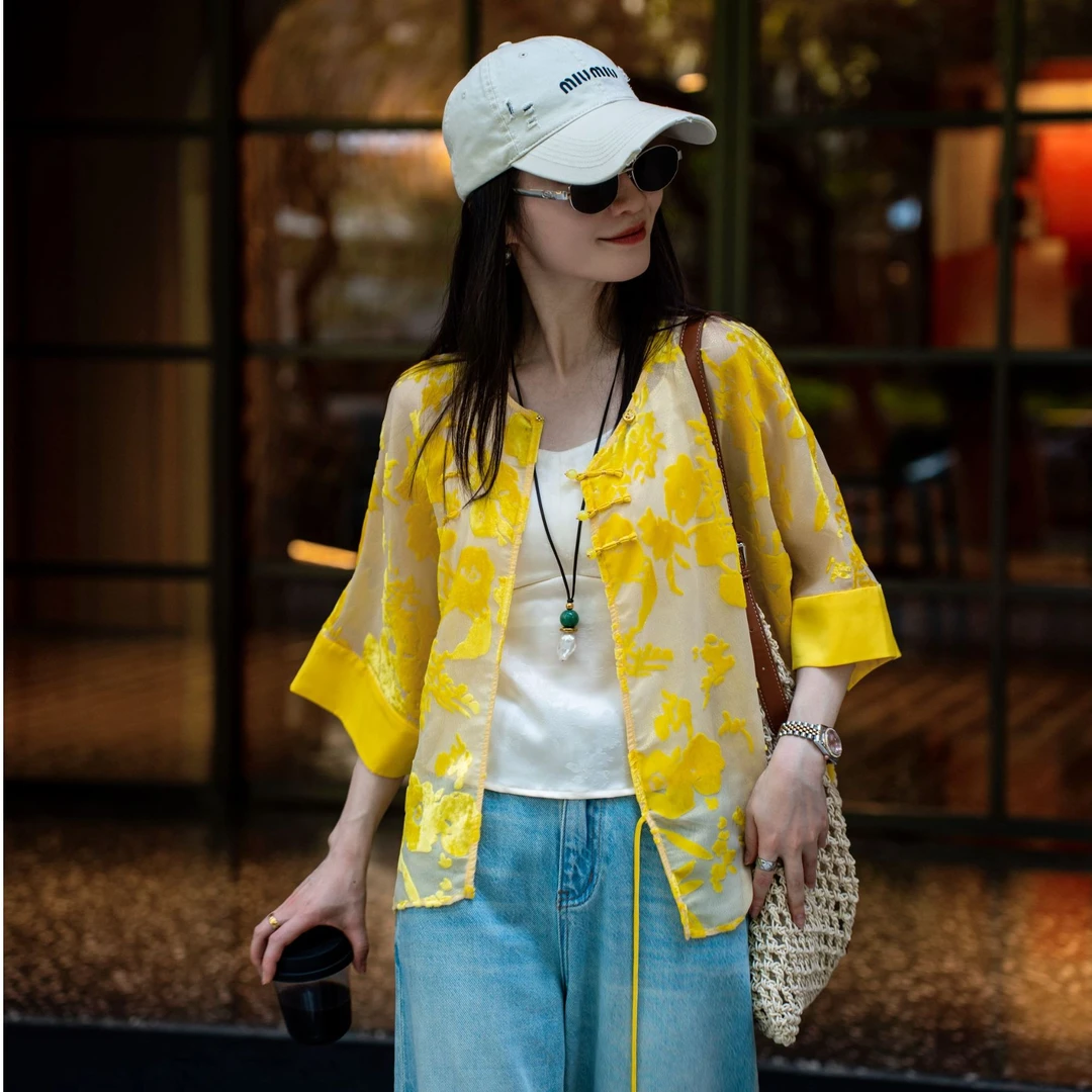 烧花新中式上衣国风短袖女装薄款休闲开衫外套衬衫桑蚕丝夏季圆领