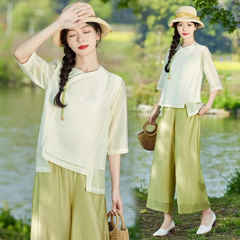 新中式国风套装女2025新款夏季清新优雅宽松显瘦小衫阔腿裤两件套