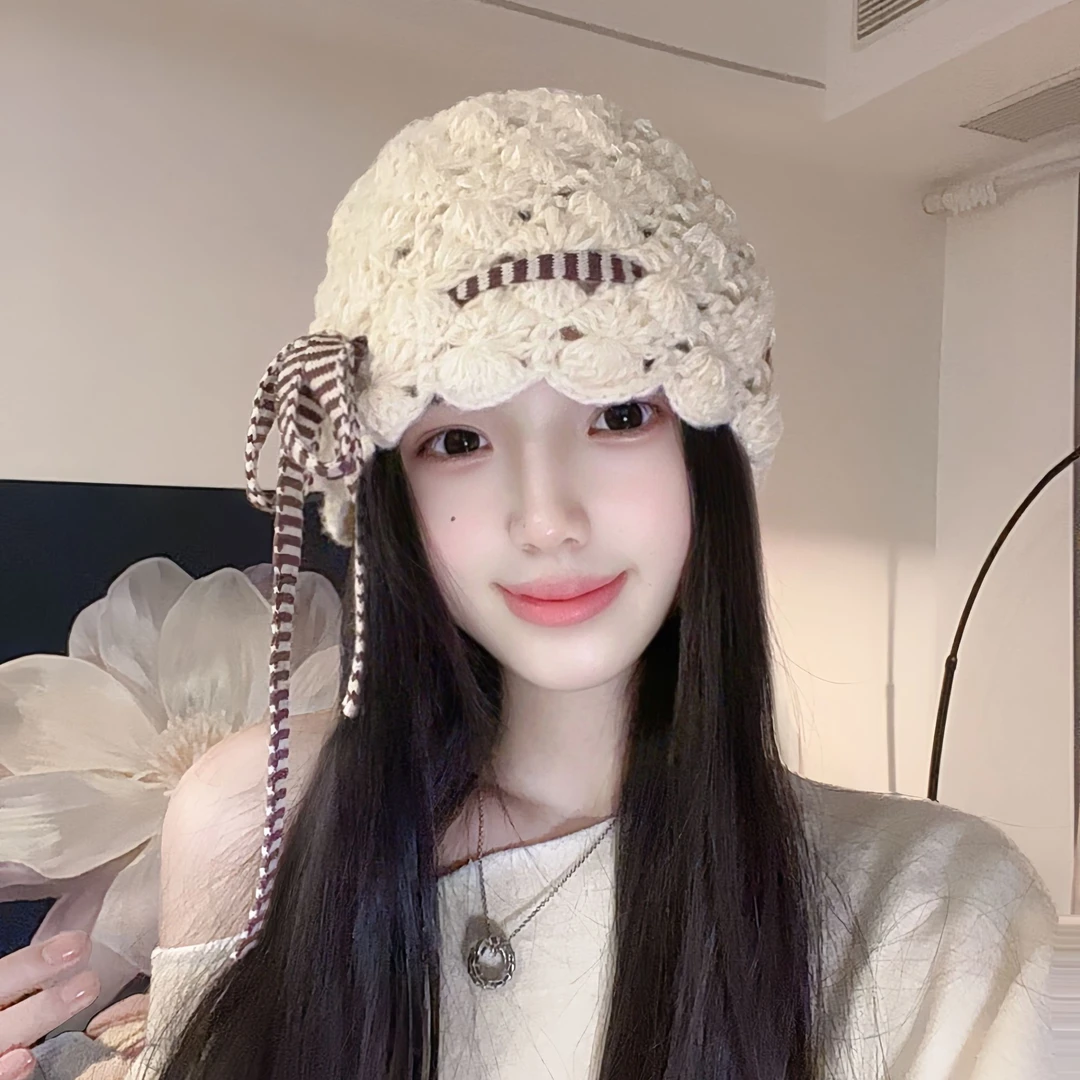 日系文艺小众设计感蝴蝶结针织帽女纯色优雅手工花朵镂空毛线帽子