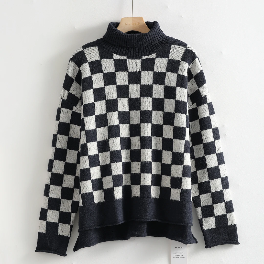 R-7648 舒适软糯！时尚宽松棋盘格高领秋冬百搭保暖显瘦毛衣