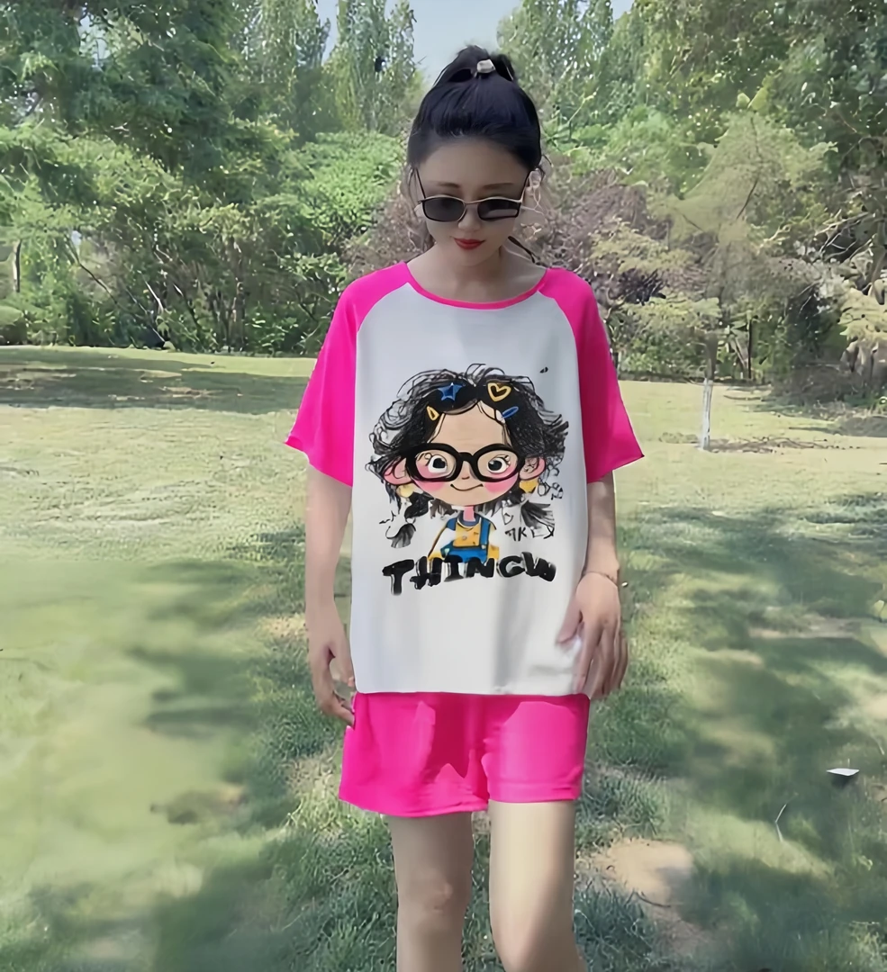 卡通美女夏季半袖套头常规宽松套装可家居可外穿遮肉显瘦