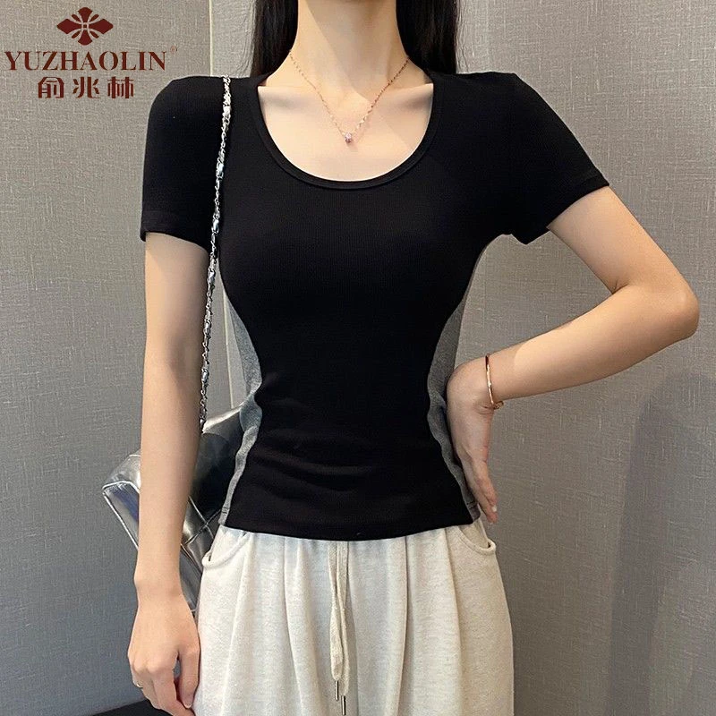俞兆林螺纹拼色短袖t恤女春夏修身打底衫百搭u领显瘦气质上衣