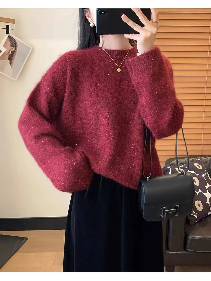 宽松套头慵懒风蓬松软糯小亮片落肩袖毛衣圆领针织长袖011701