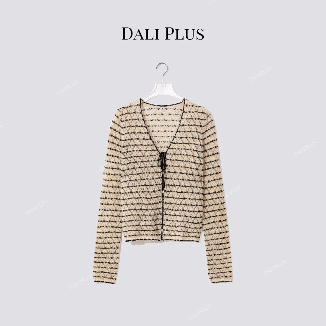 DALI PLUS“米黑条纹”马海毛羊毛V领镂空针织开衫-D5MM2449