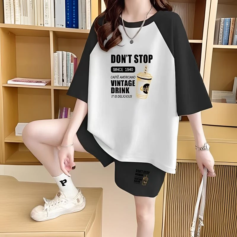 大肚腩大码女运动套装女装夏季韩版宽松显瘦短袖短裤休闲风两件套