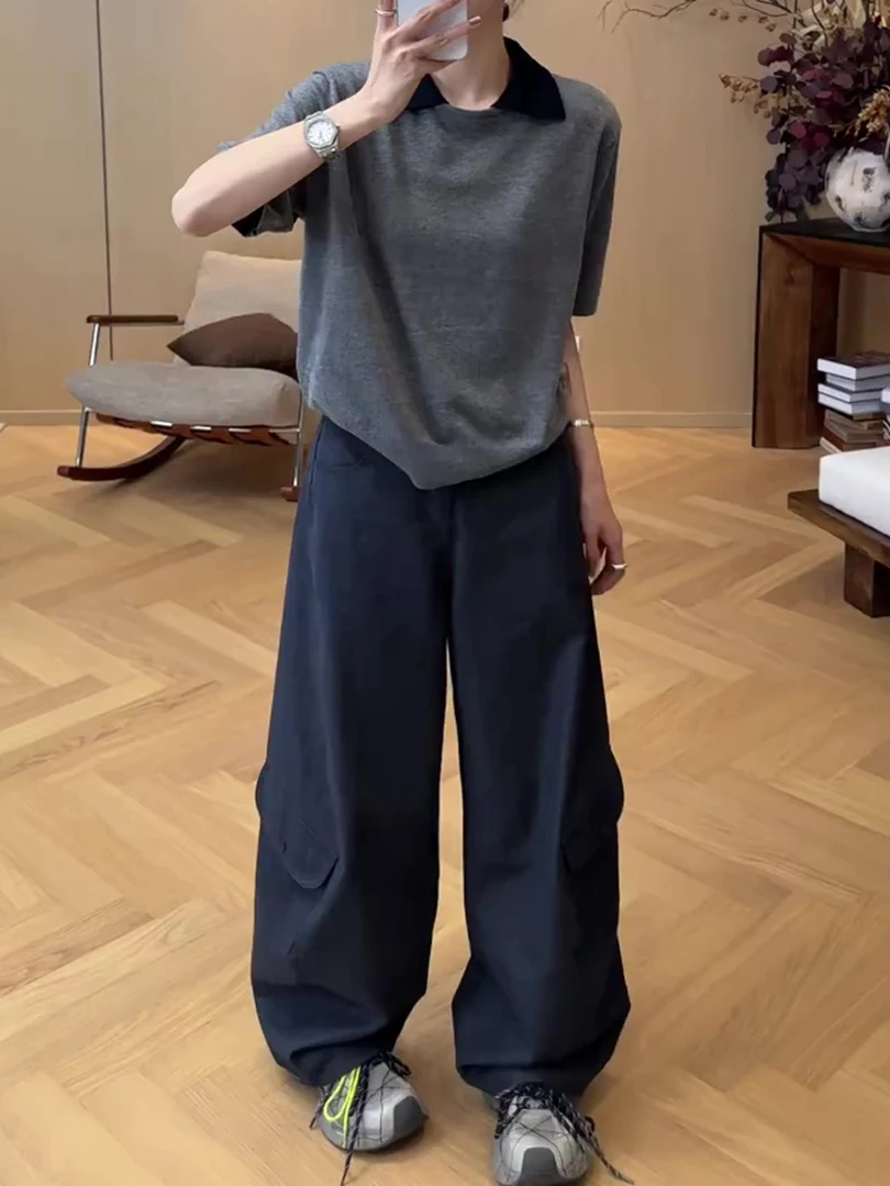 大码复古美式工装休闲裤女秋胖mm显瘦高腰宽松直筒阔腿拖地长裤子