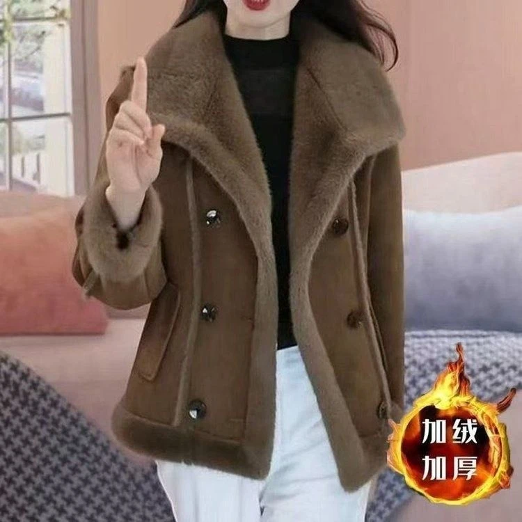 冬季新款时尚百搭毛毛一体短外套女士洋气保暖