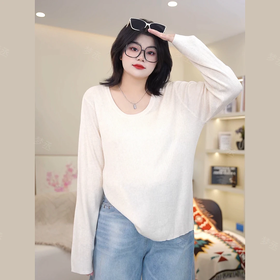 梦丞-冬季胖mm大码女装纯色系百搭显瘦遮肉U型领长袖针织衫上衣