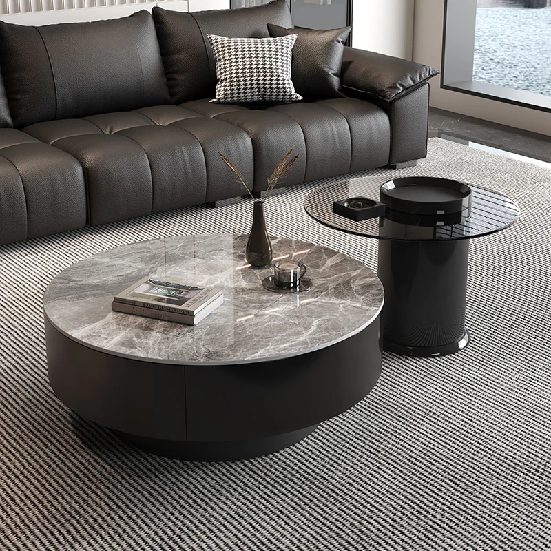 意大利灰岩板茶几客厅家用轻奢圆形茶几小户型桌高级感茶几桌组合