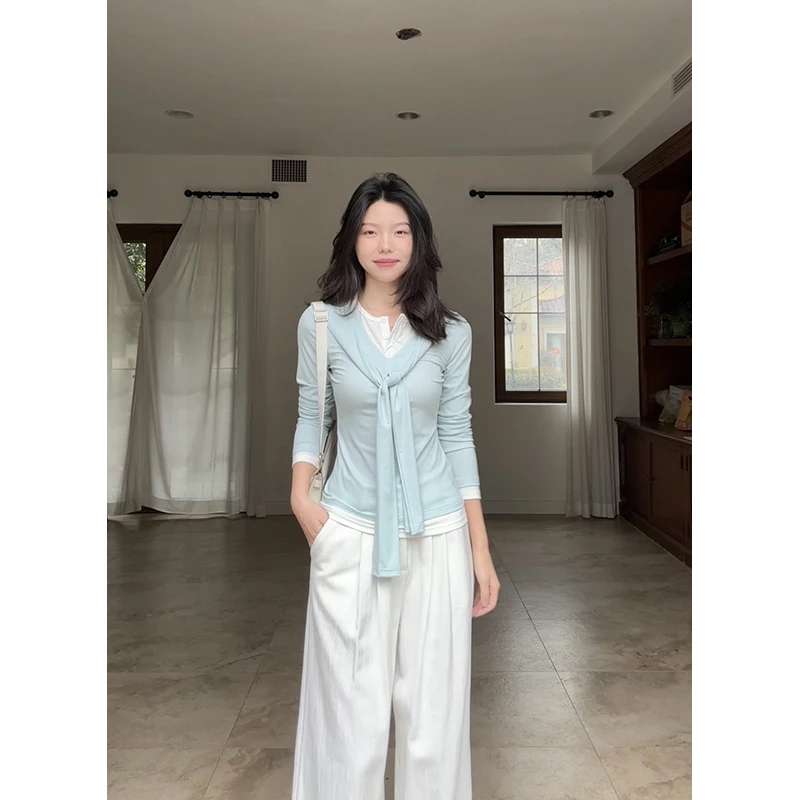 郭九九呢 天丝拼色假两件披肩显瘦T恤简约牛仔阔腿裤 G925Y02579