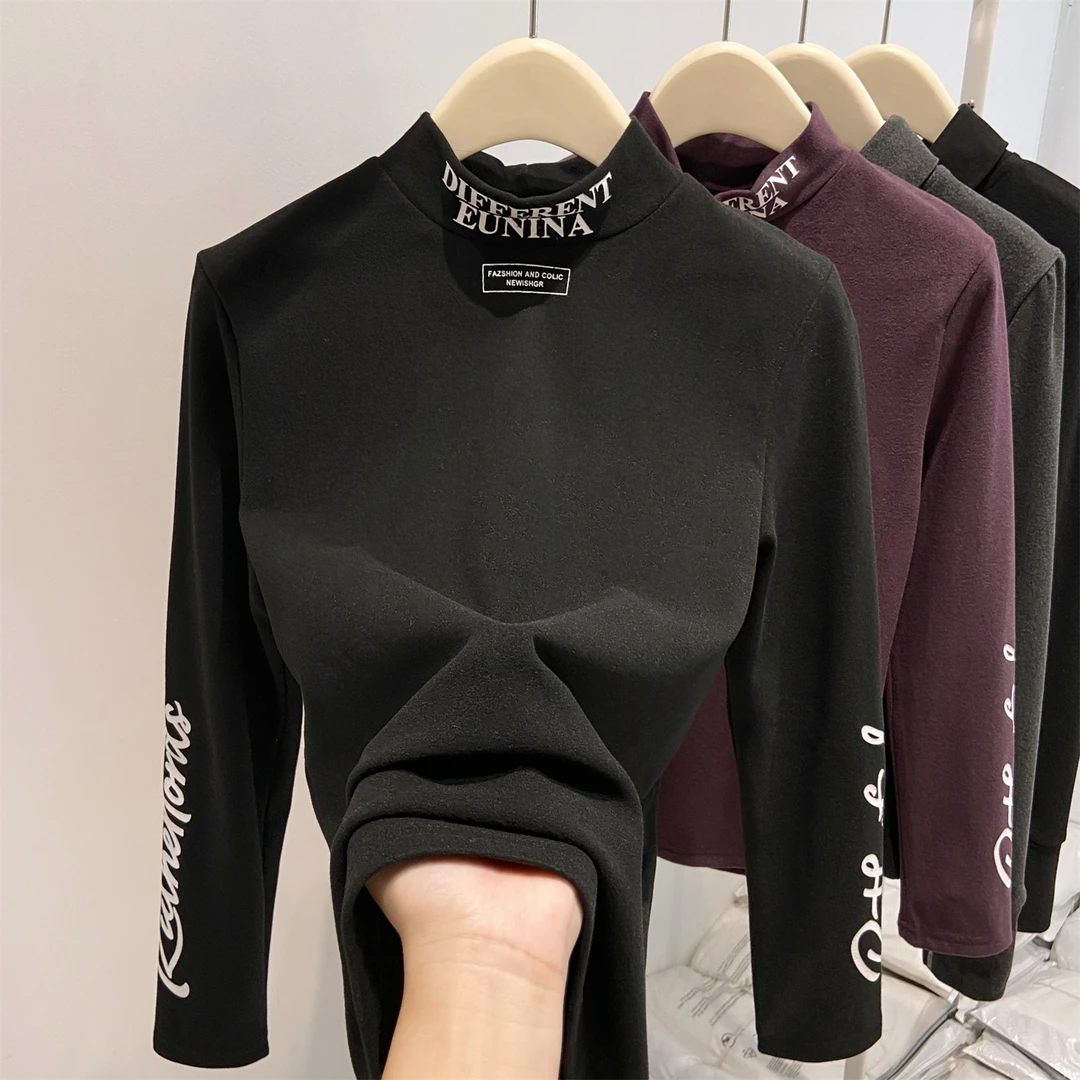 潮流字母印花长袖T恤女秋冬减龄百搭保暖双面德绒修身打底衫上衣
