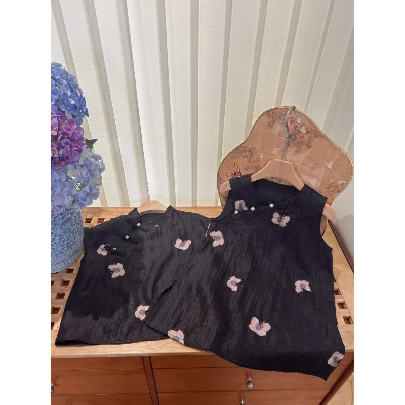 【CCM】新中式国风黑色刺绣短袖衬衫2025夏季新款高级感小飞袖上衣