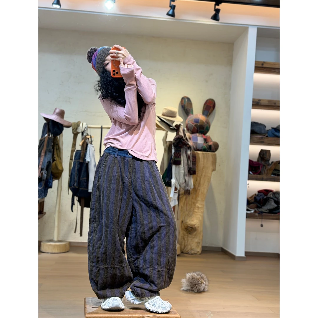 衣牧了然色织亚麻菱形格撞色腰夹棉棉裤251113