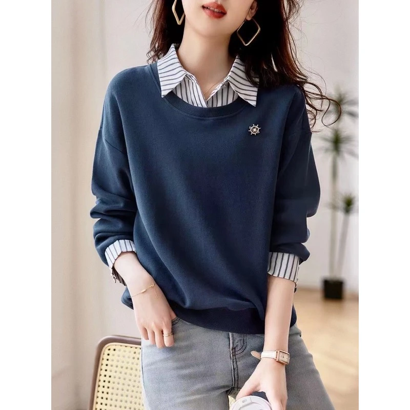 欧洲站条纹拼接假两件套运动衫女02025秋季新款时尚休闲百搭长袖