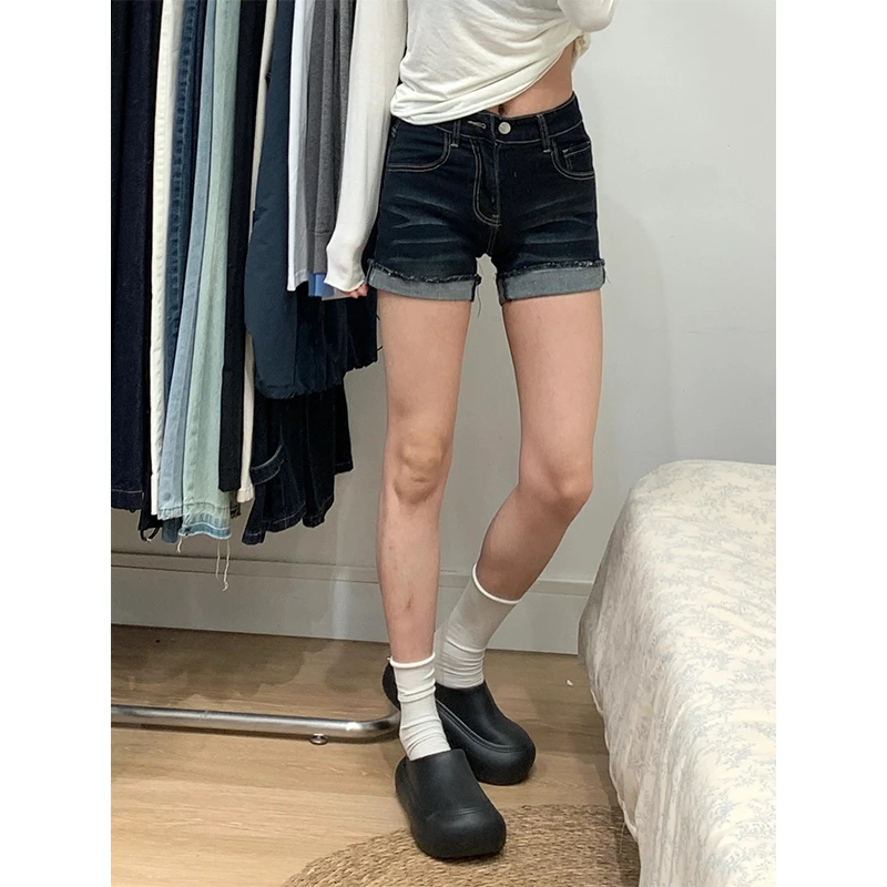 微胖mm辣妹小个子高腰牛仔超短裤女夏季新款深蓝色设计感卷边热裤