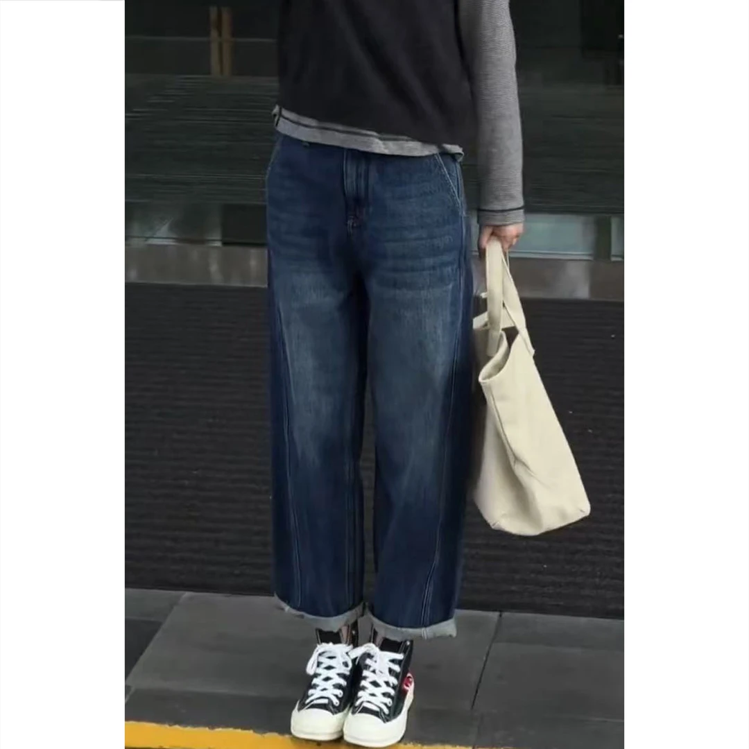 艾塔莉早秋新款大码牛仔裤显瘦直筒裤高腰秋季时尚卷边百搭九分裤